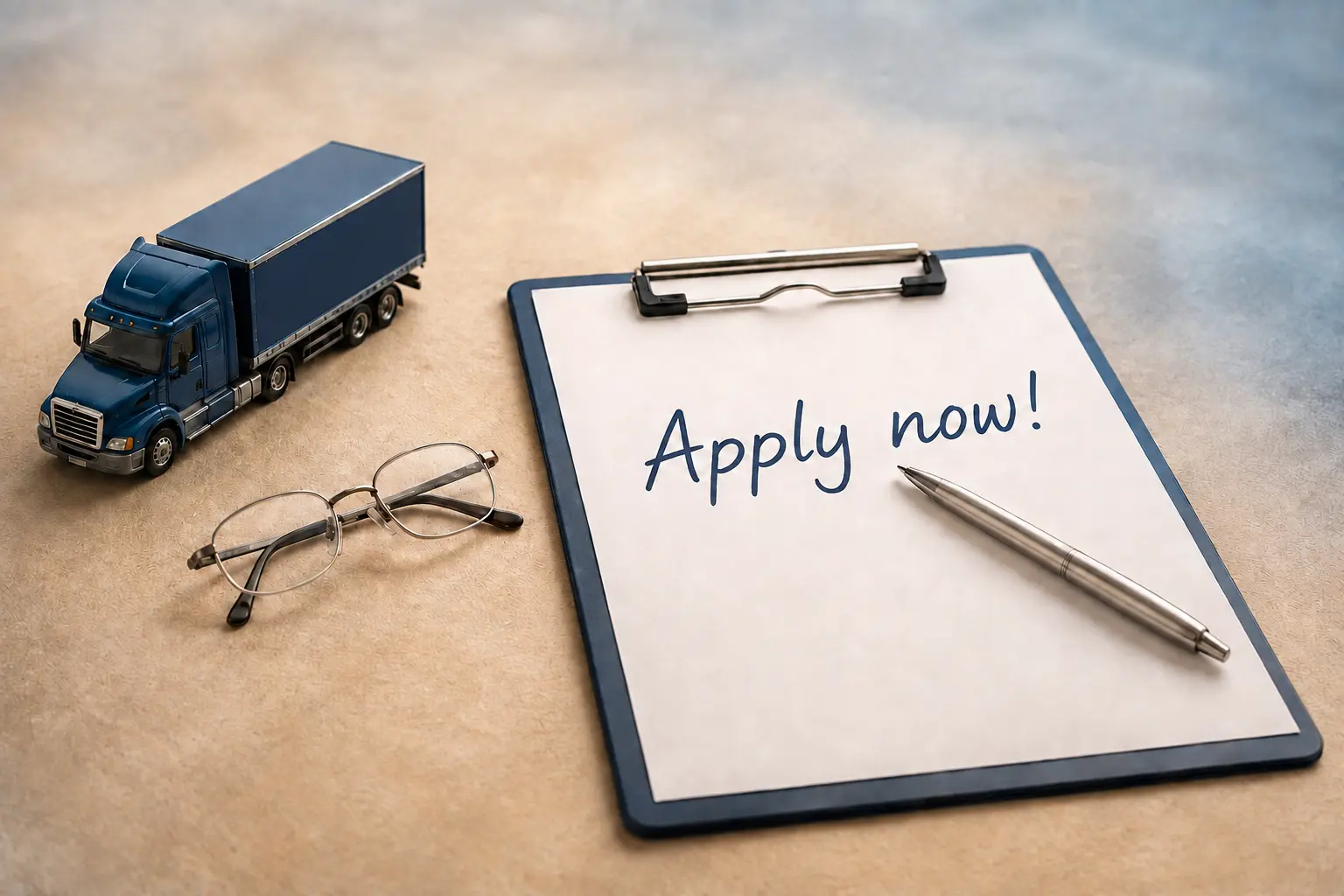 Clipboard with a handwritten Apply now message beside a miniature truck